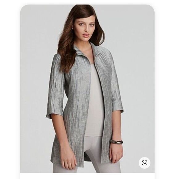 Eileen Fisher Washable Crinkle Sheen Jacket Silver Linen Silk SZ XS - Picture 2 of 10